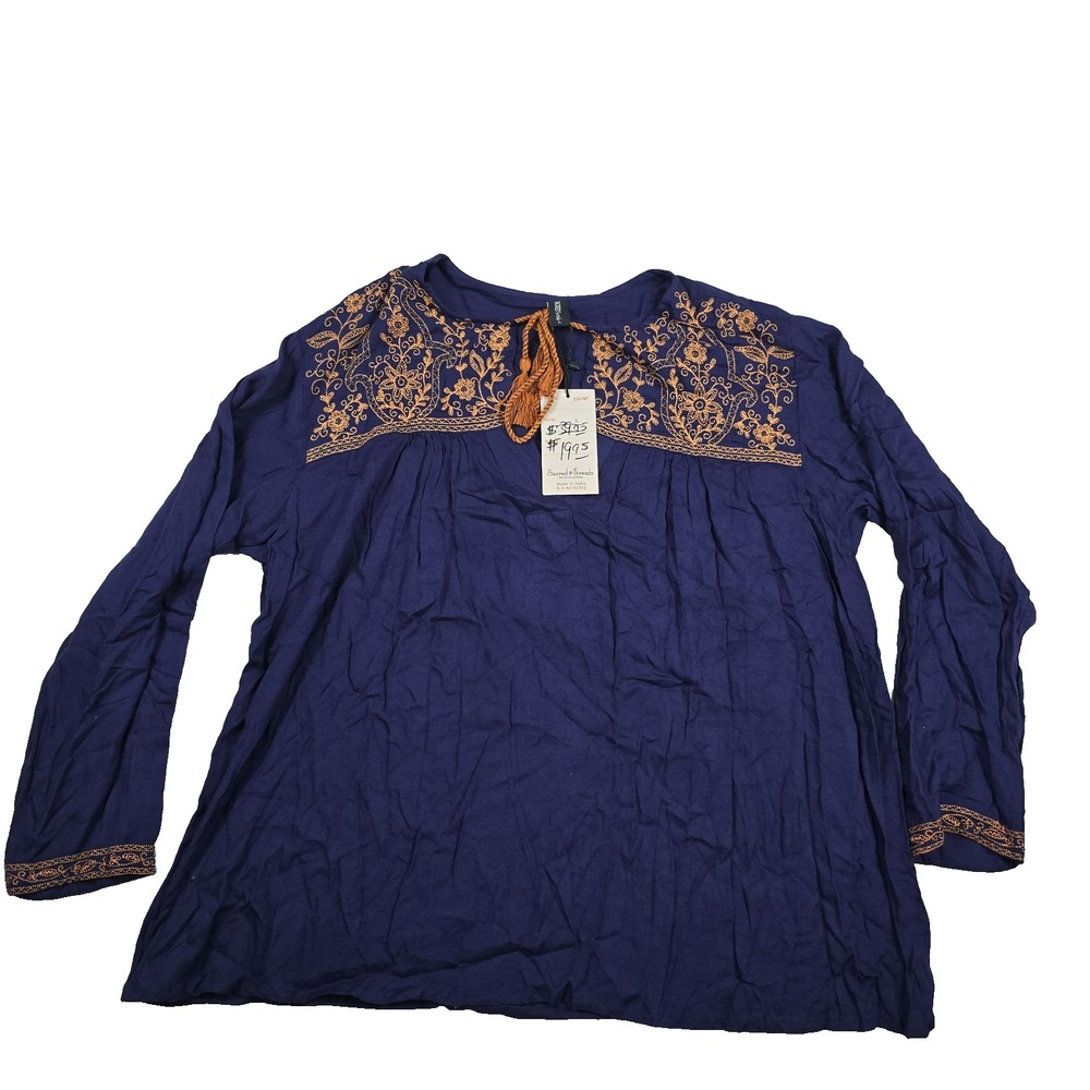 Sacred Threads Women's Tunic Top Blue Gold Embroidered Size Large Long Sleeve